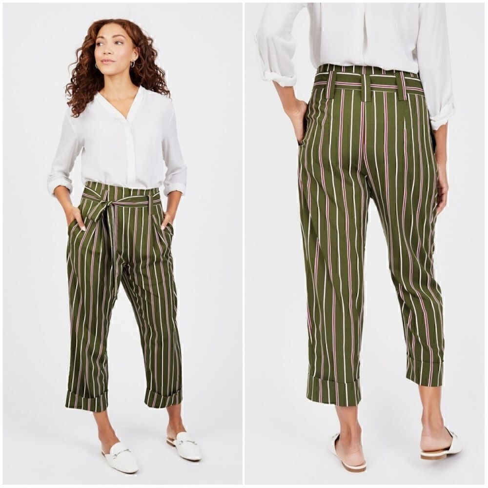 JOA High Waist Pants Green Stripe Medium Belted - Picture 4 of 4